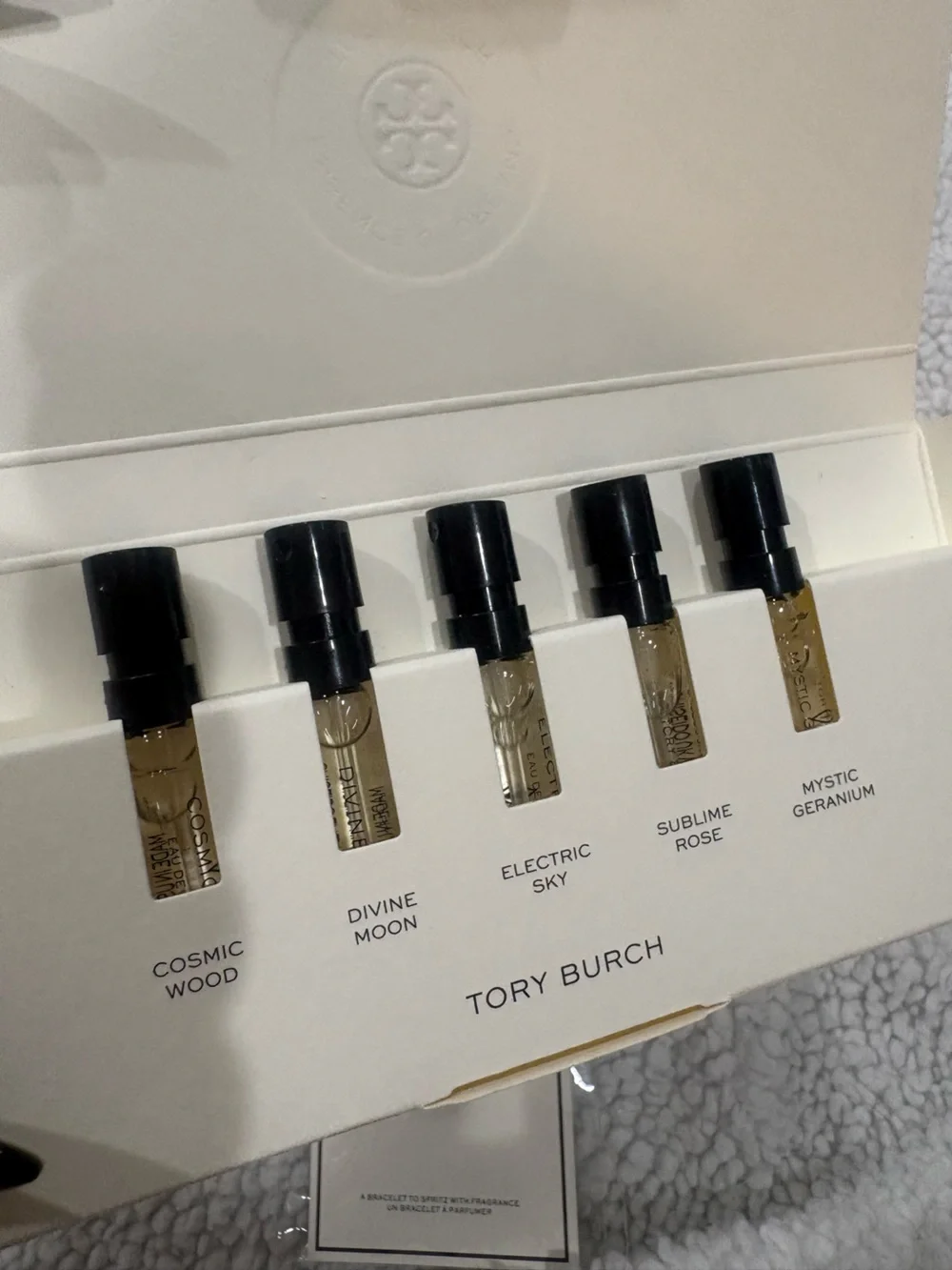 Tory Burch Essence of Dreams sample fragrances with TB Fragrance bracelet